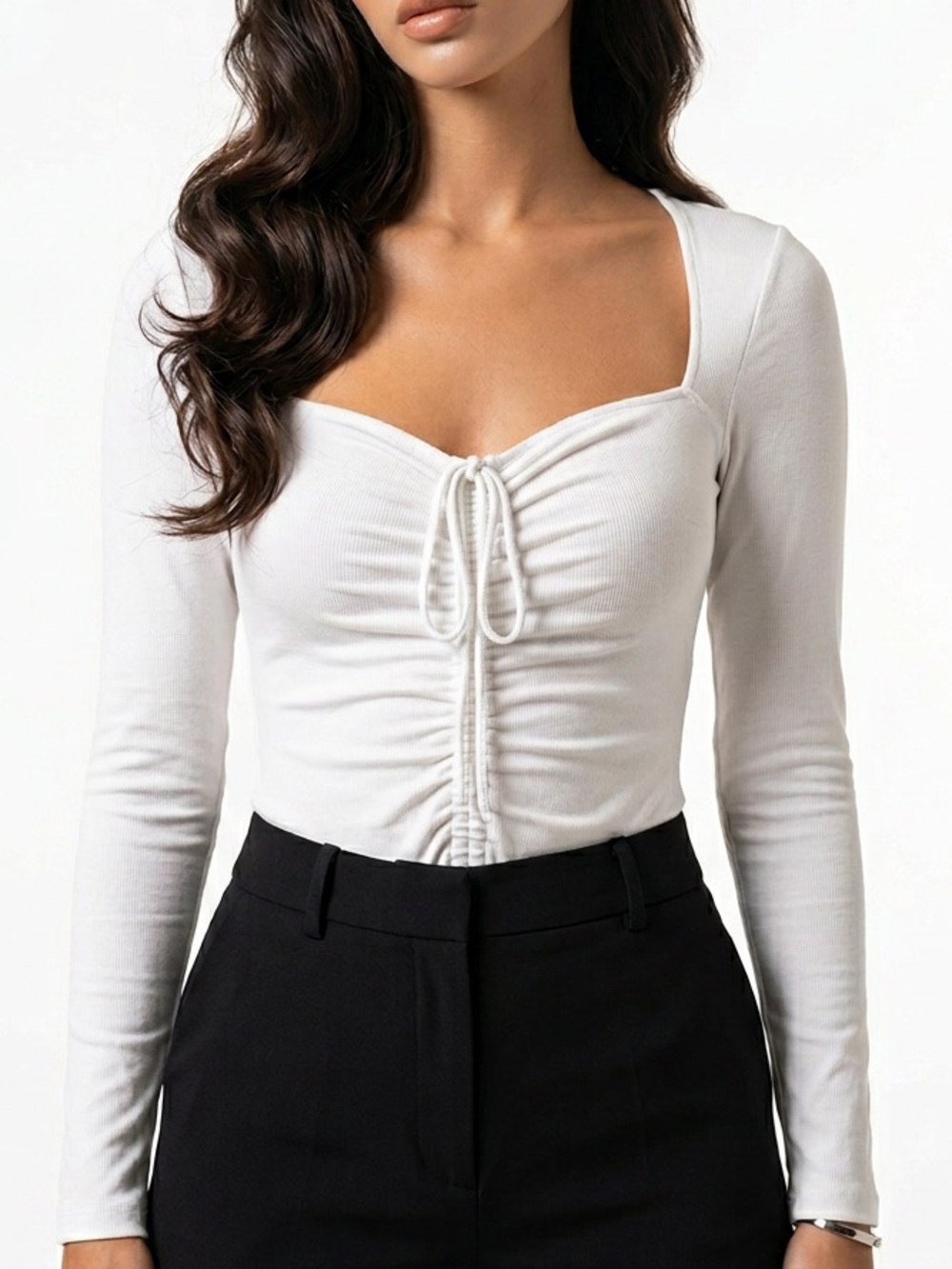 SOPHIE RUE | White Long-Sleeve Ruched Tie Front Bodysuit Women’s Size Small